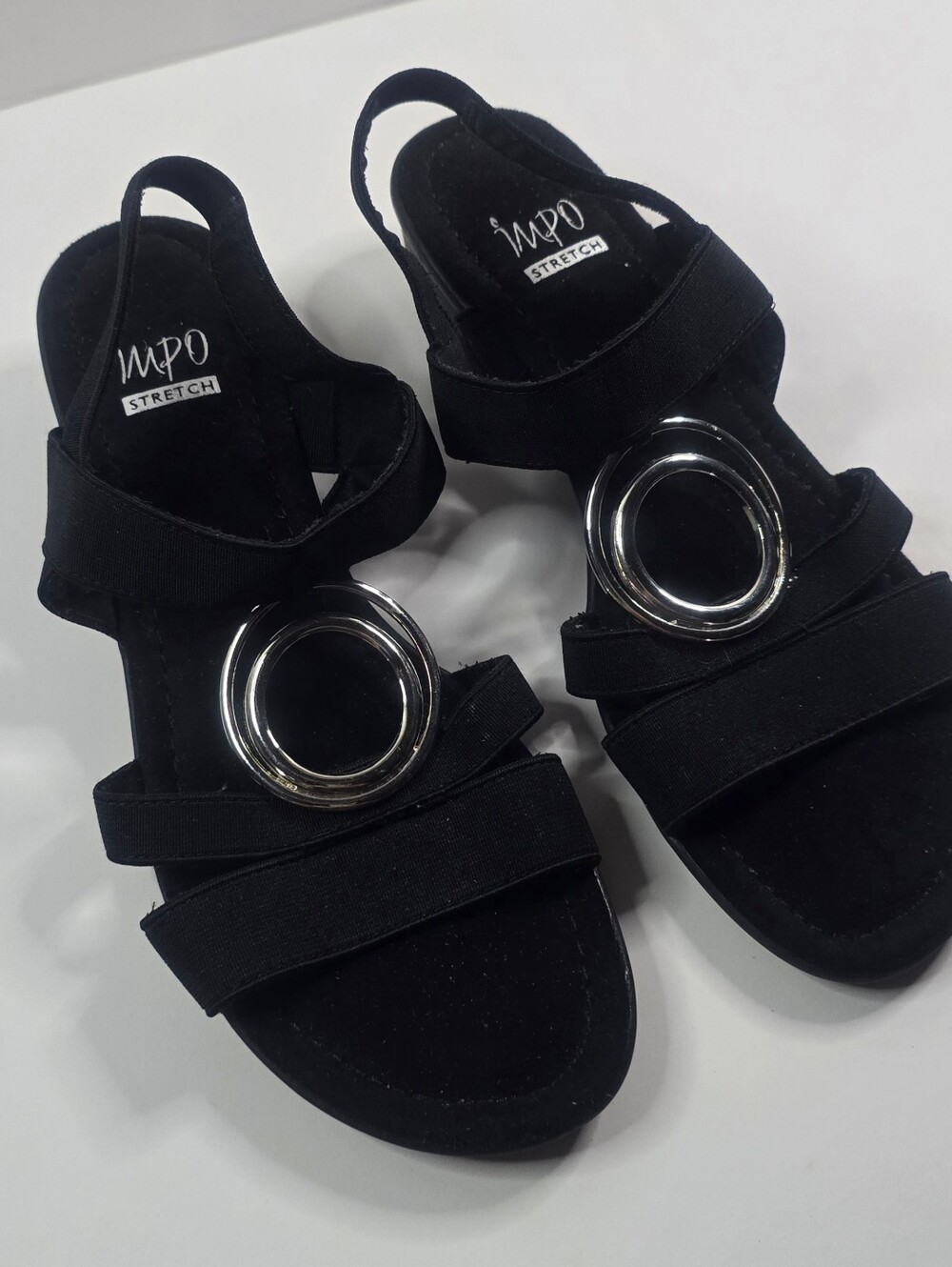 Impo Stretch Black Comfort Sandals with Silver Ring Accent – Women's Size 8.5M